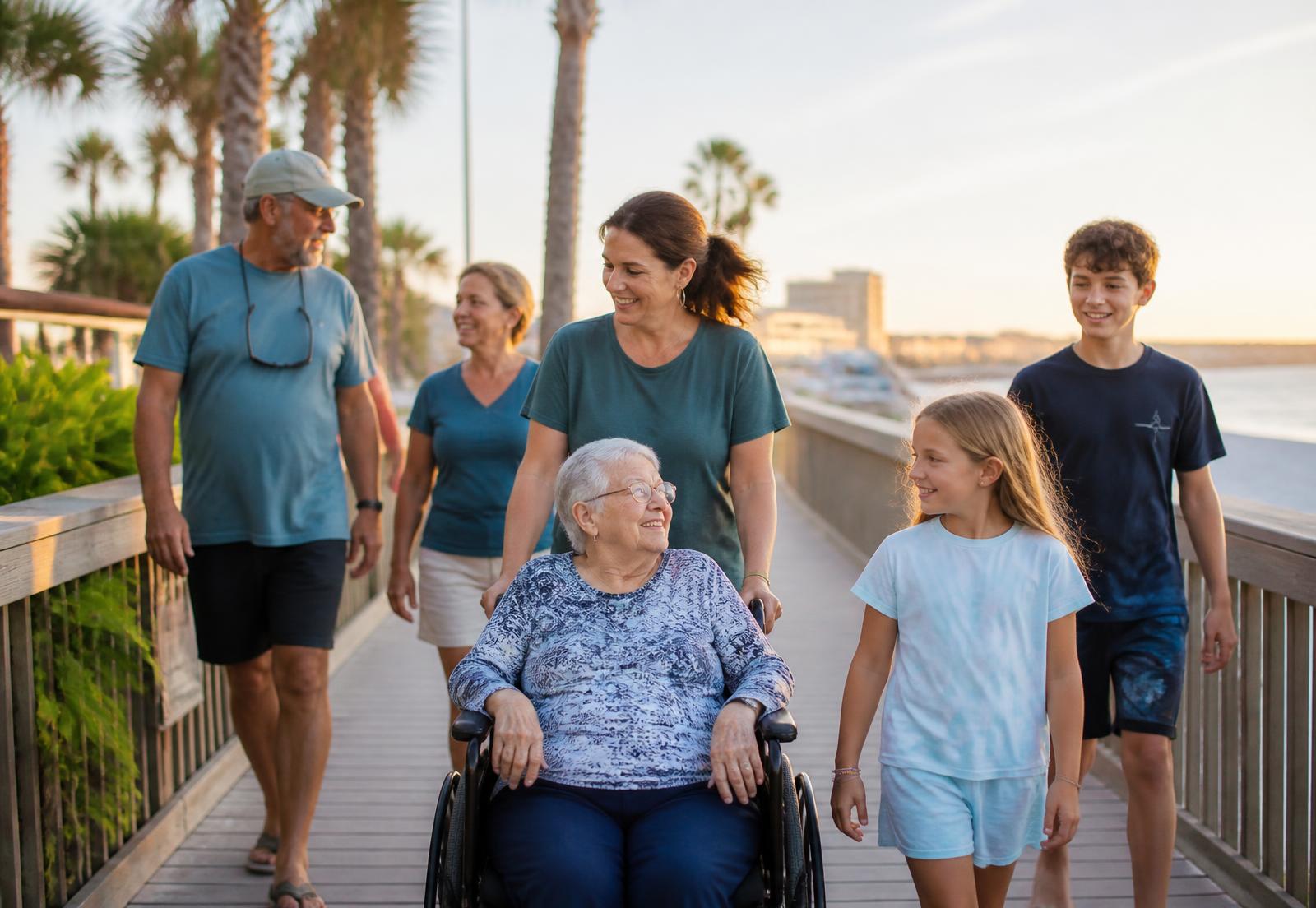 A Florida family embracing on the beach at sunset, including a loved one using a wheelchair
